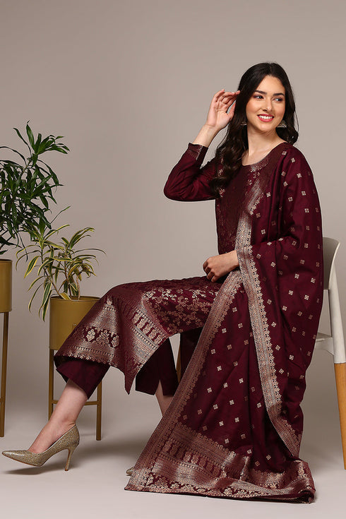 Plus Size Maroon Poly Chanderi Woven Design Straight Suit Set